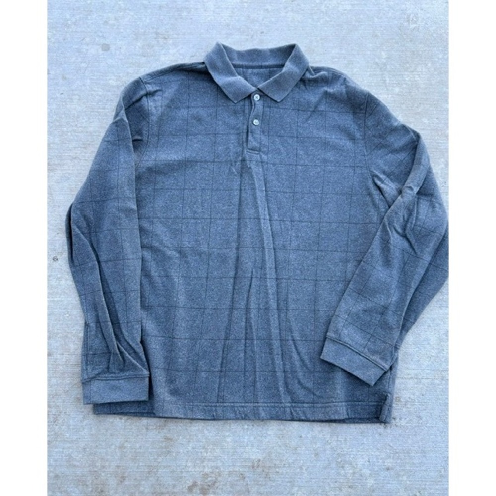 Van Heusen Mens Large Grey Windowpane Grid Long Sleeve Polo Shirt Cotton Blend